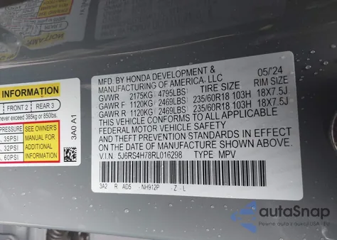 2024 Honda Cr-V Ex-L Awd z USA, uszkodzony, nr VIN 5J6RS4H78RL016298